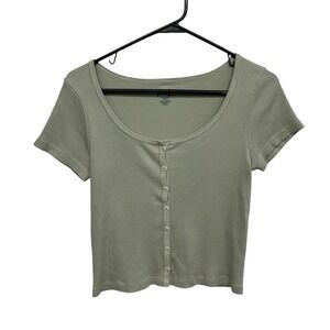 Y2K‎ Ribbed Button Front Crop Top XS Sage Green Fitted Minimal Indie Layering